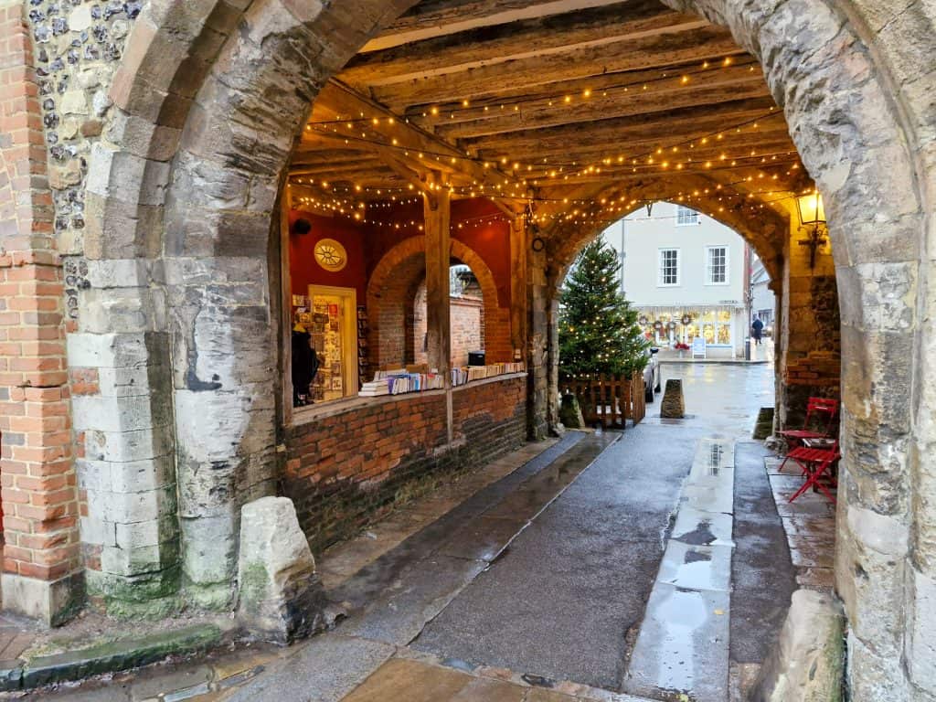 Winchester historical building with Christmas decoration.