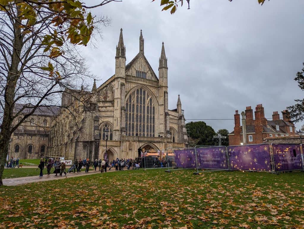 Winchester Cathedral Christmas market - entrance with cathedral.
