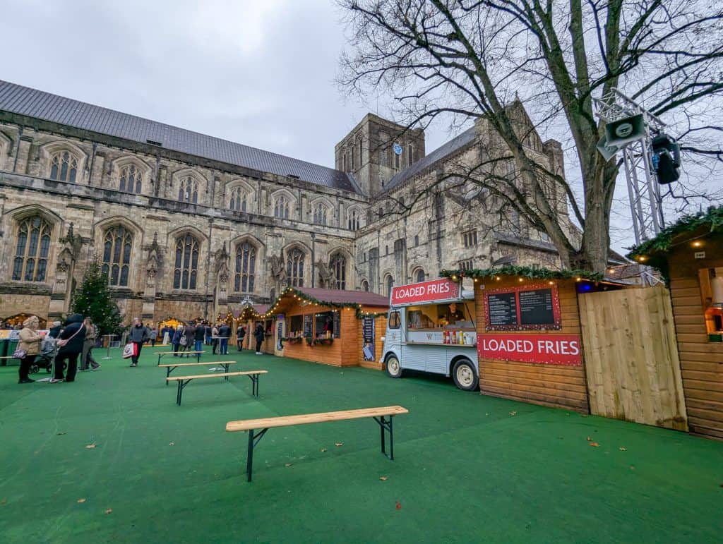 Winchester Cathedral Christmas market - christmassy stalls and street food.