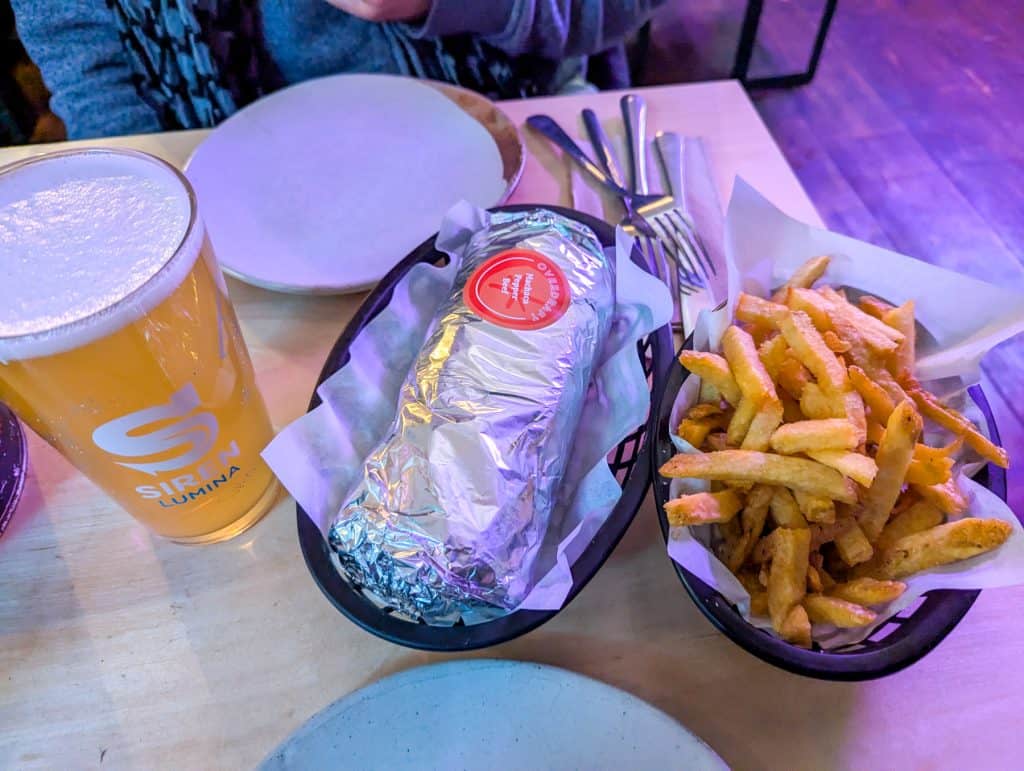 Chips and burrito and beer at Overdraft in Winchester.