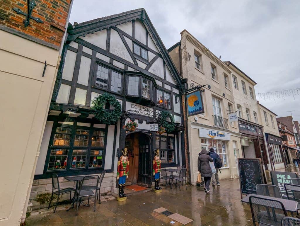 A street in Winchester with medieval houses.