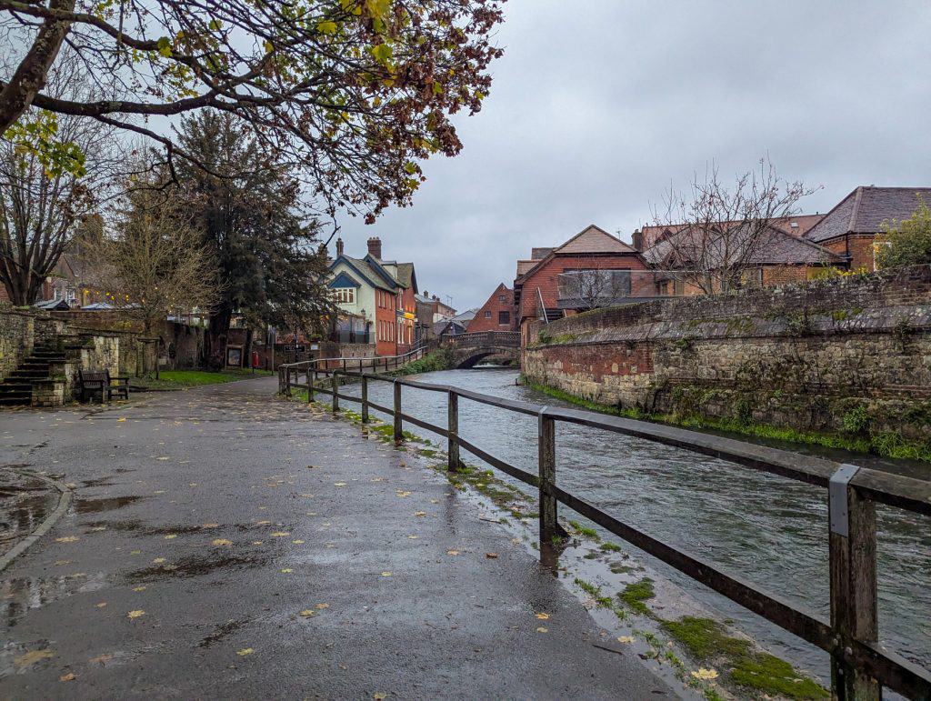 A river walk in Winchester on a rainy day, one of the best free things to do in Winchester.