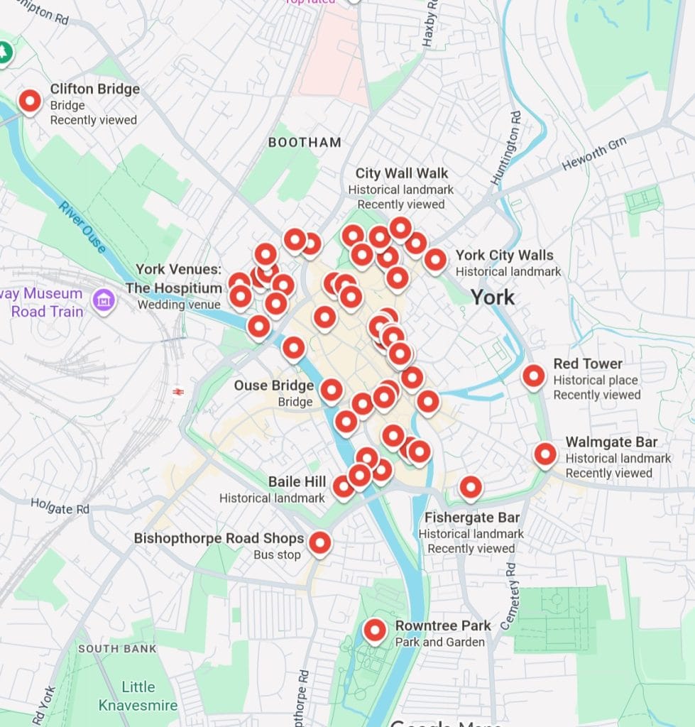 Map of York town centre attractions.