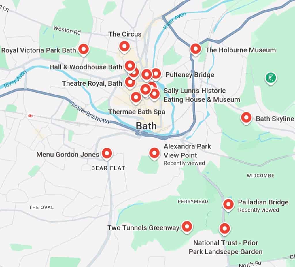 Bath map with all the attractions and things to do in Bath for couples.