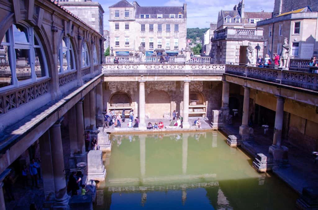 The Roman Baths - view at the historical bath from above, visiting the Roman Baths is one of the best things to do in Bath for couples.