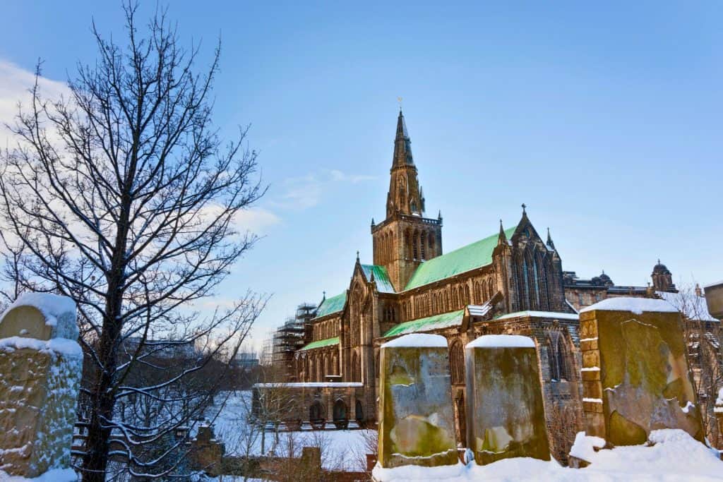 Glasgow cathedral covered in snow.