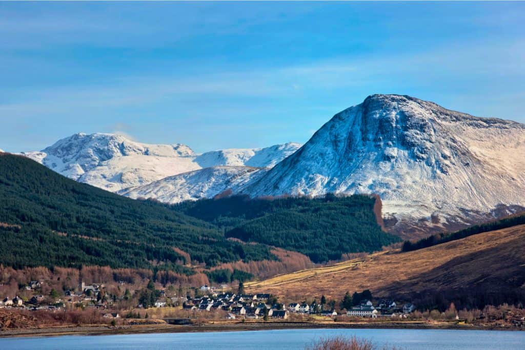 View on the mountains near Glencoe covered in snow.