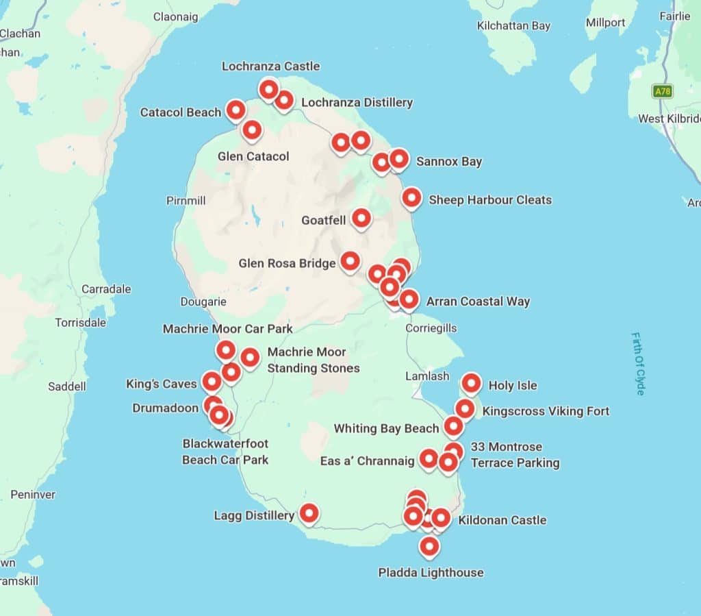 Isle of Arran map with all the main attractions and things to do on Isle of Arran.