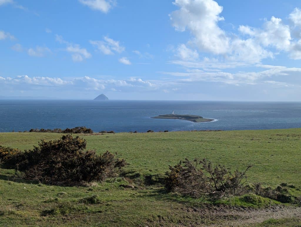 Views from Isle of Arran on sea with small islands.