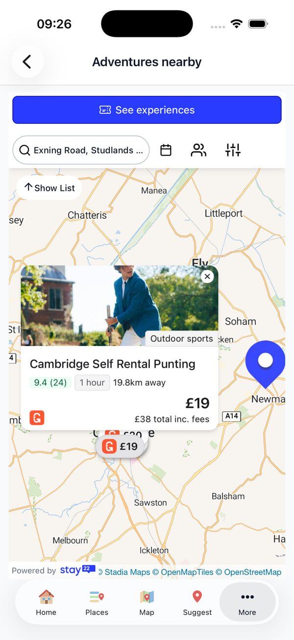 The Adventures nearby screen showing things to do close by, including self-hire punting in Cambridge.