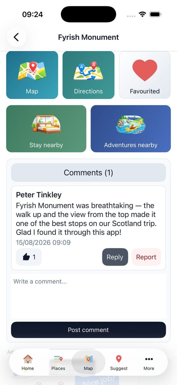 The comments on the Fyrish Monument page, where a visitor has written about the walk up and the view from the top, with buttons to like, reply and report, and a box to add your own.