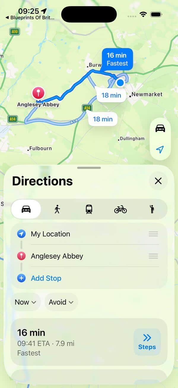 The phone's own maps app open with a driving route to Anglesey Abbey, showing sixteen minutes as the fastest option.