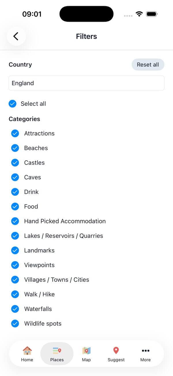 The filter screen listing every category with a tick beside each one, and a country filter above them.