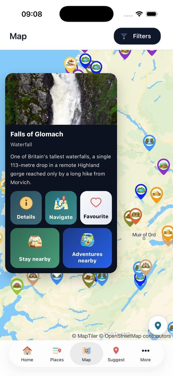 A place card open on the map for Falls of Glomach, showing a photograph of the waterfall and buttons for Details, Navigate, Favourite, Stay nearby and Adventures nearby.