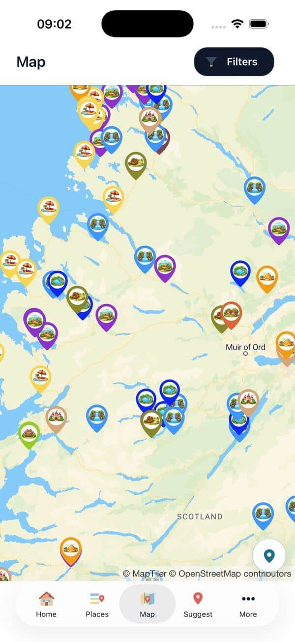 The Blueprints of Britain app map, zoomed in over the Scottish Highlands, with individual pins showing what kind of place each one is.
