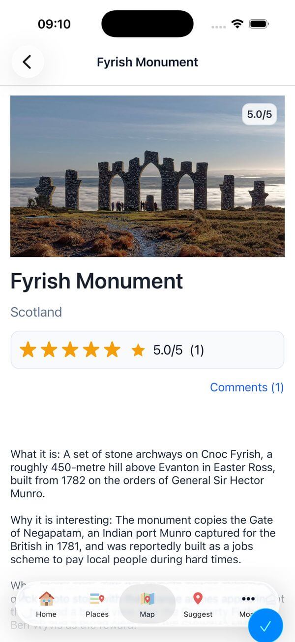The page for Fyrish Monument in Scotland, with a photograph of the stone arches and a write-up explaining what it is and why it is worth seeing.