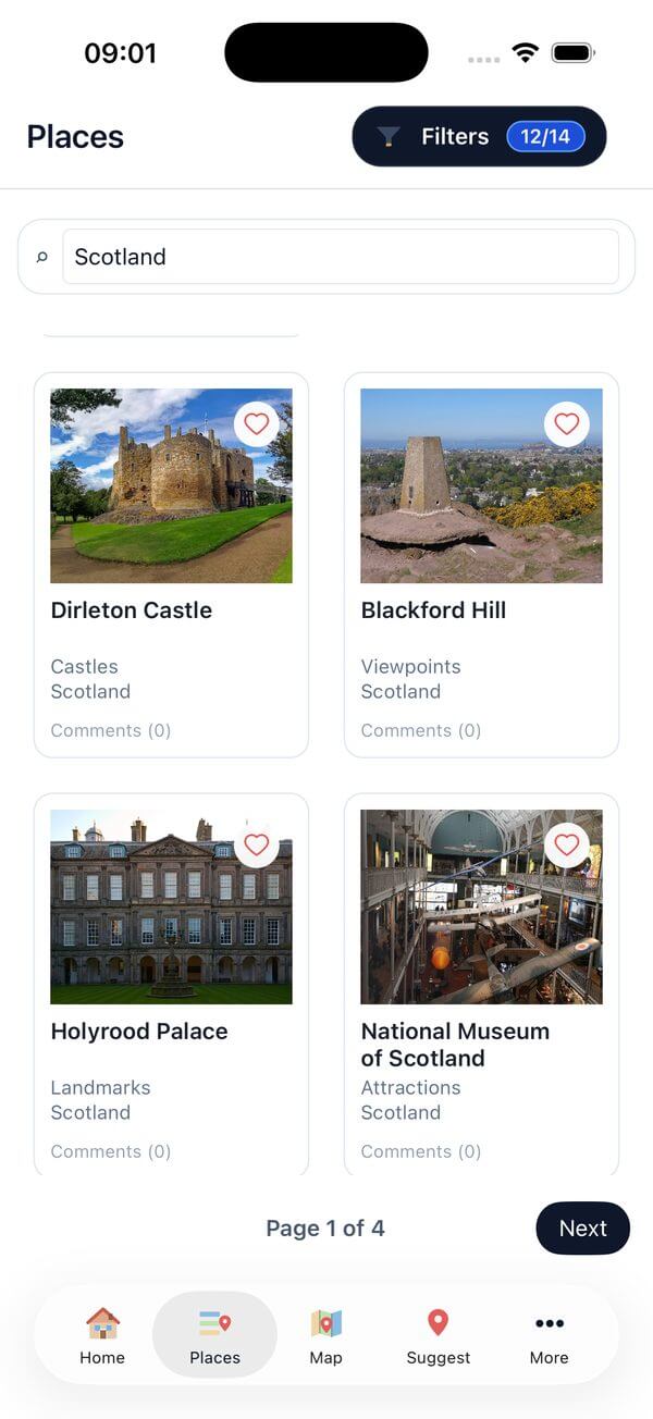 A browsable list of places in Scotland, including Dirleton Castle, Blackford Hill, Holyrood Palace and the National Museum of Scotland, each on a card with a photograph and its category.