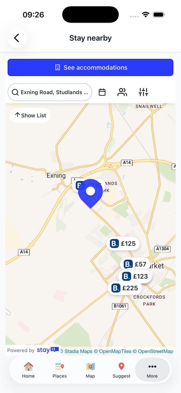 The Stay nearby screen showing places to stay around Exning Road on a map, each marked with a nightly price.